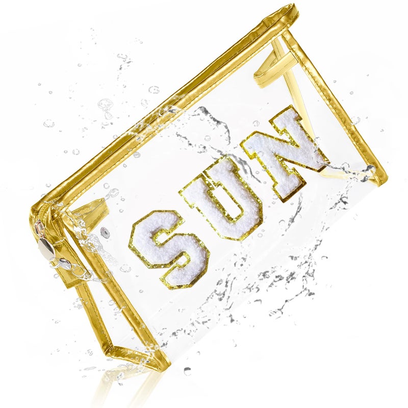 COSHAYSOO Clear Makeup Bag Sunscreen Zipper Pouch Women Fashion Beach Vacation Essentials Travel Summer Pool Stuff for Teenager Girls Preppy Gifts with Trendy Cute Chenille Letter Golden SUN - Image 1