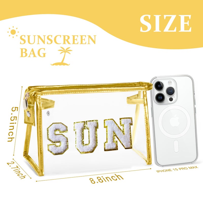 COSHAYSOO Clear Makeup Bag Sunscreen Zipper Pouch Women Fashion Beach Vacation Essentials Travel Summer Pool Stuff for Teenager Girls Preppy Gifts with Trendy Cute Chenille Letter Golden SUN - Image 2