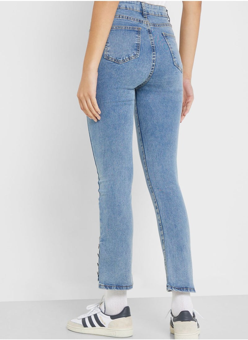 Ginger - Acid Wash Button Hem Detail Jeans - Image 1