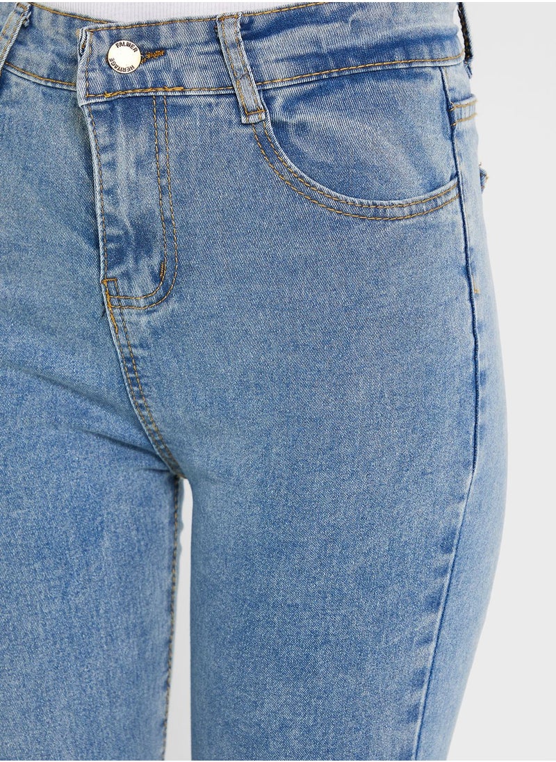 Ginger - Acid Wash Button Hem Detail Jeans - Image 1