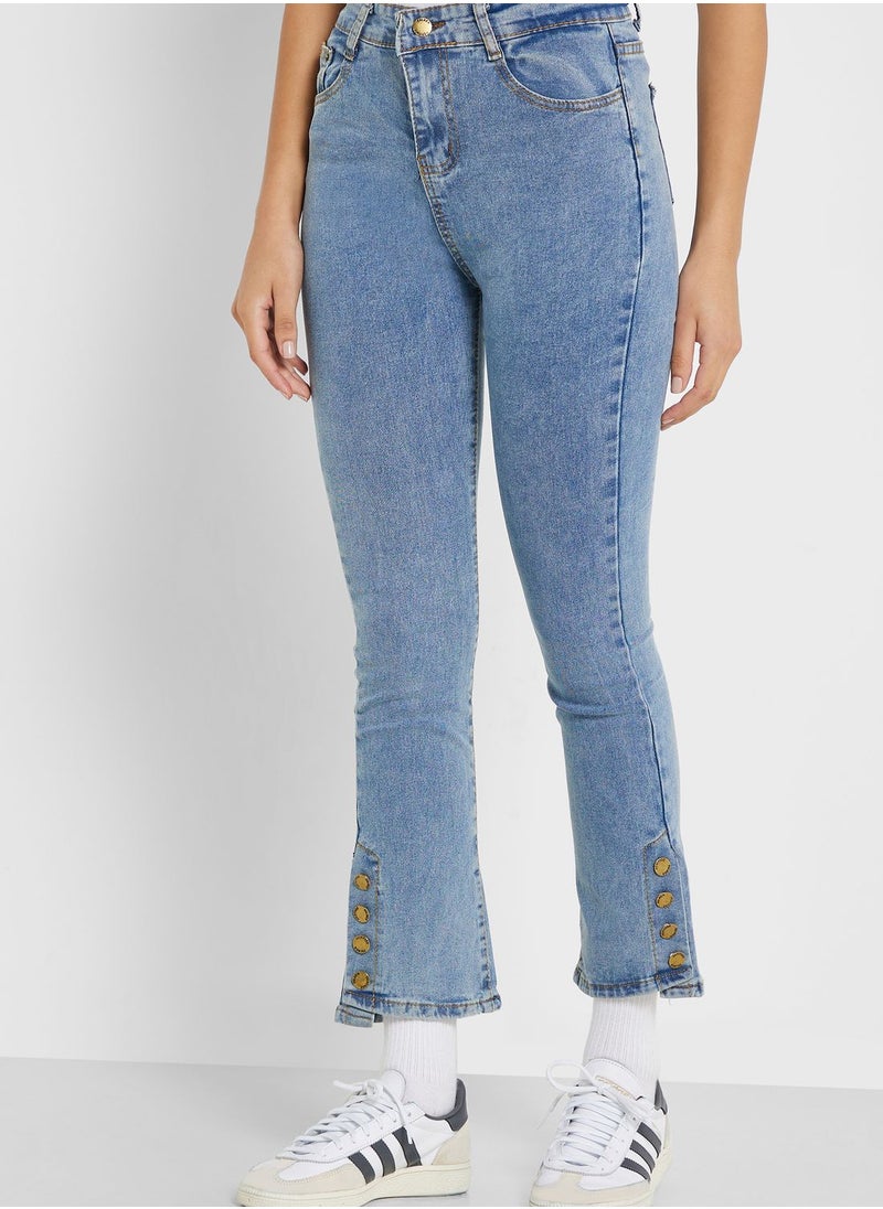 Ginger - Acid Wash Button Hem Detail Jeans - Image 1