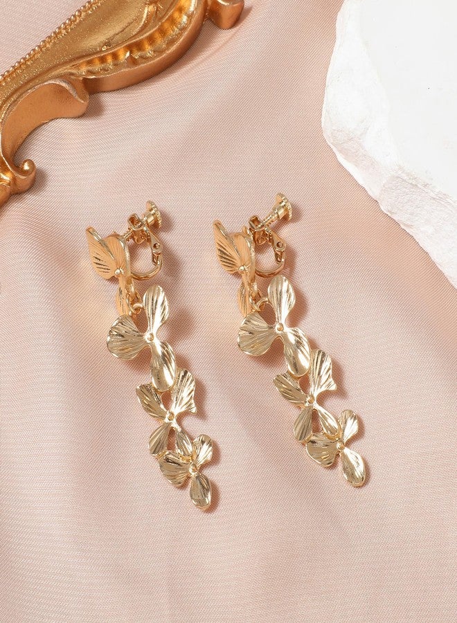 Telooco Gold Clip On Earrings for Women, Long Flower Dangle Earrings, Gold Floral Statement Clip On Earring No Piercing Jewelry - Image 3