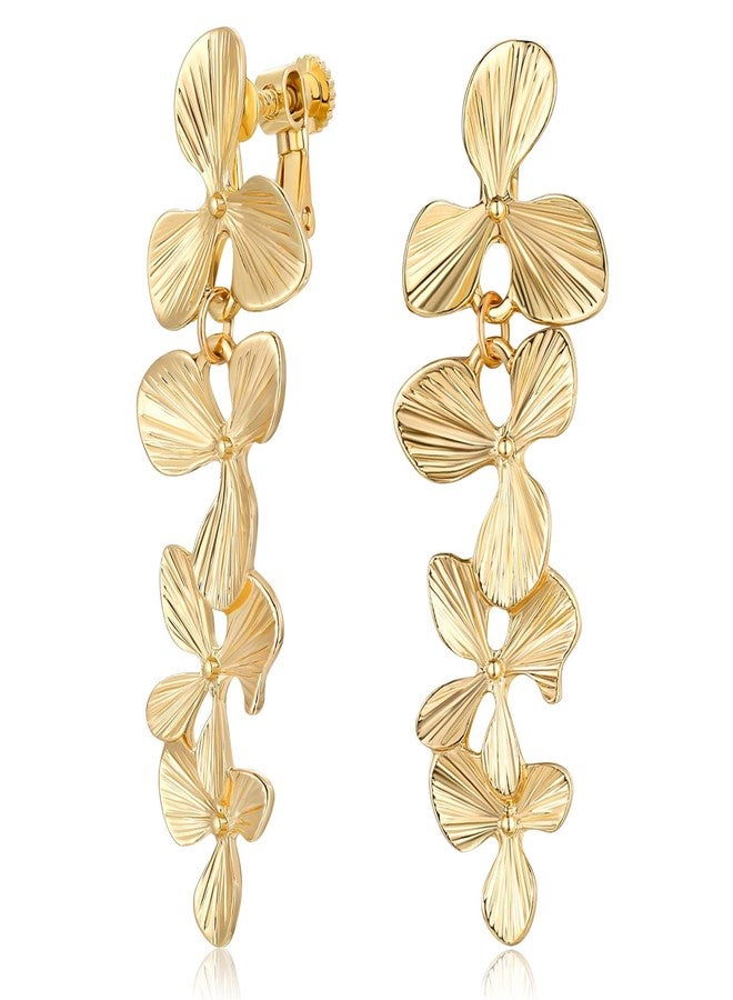 Telooco Gold Clip On Earrings for Women, Long Flower Dangle Earrings, Gold Floral Statement Clip On Earring No Piercing Jewelry - Image 1
