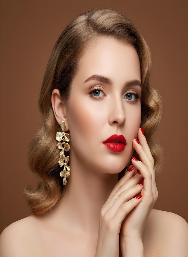 Telooco Gold Clip On Earrings for Women, Long Flower Dangle Earrings, Gold Floral Statement Clip On Earring No Piercing Jewelry - Image 4