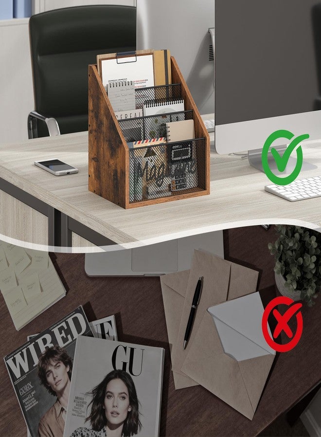 YATINEY حامل مجلات YATINEY، رف خشبي أرضي للمجلات، منظم بريد يُوضع على سطح الطاولة، منظم فرز للمجلات والبريد، حامل أسطوانات للمجلات والكتب والصحف والأجهزة اللوحية، بني ريفي وأسود MR02BR - Image 5