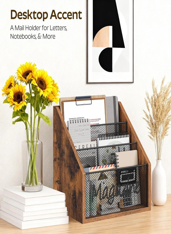 YATINEY حامل مجلات YATINEY، رف خشبي أرضي للمجلات، منظم بريد يُوضع على سطح الطاولة، منظم فرز للمجلات والبريد، حامل أسطوانات للمجلات والكتب والصحف والأجهزة اللوحية، بني ريفي وأسود MR02BR - Image 2