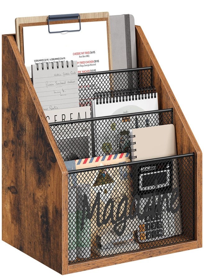 YATINEY حامل مجلات YATINEY، رف خشبي أرضي للمجلات، منظم بريد يُوضع على سطح الطاولة، منظم فرز للمجلات والبريد، حامل أسطوانات للمجلات والكتب والصحف والأجهزة اللوحية، بني ريفي وأسود MR02BR - Image 1