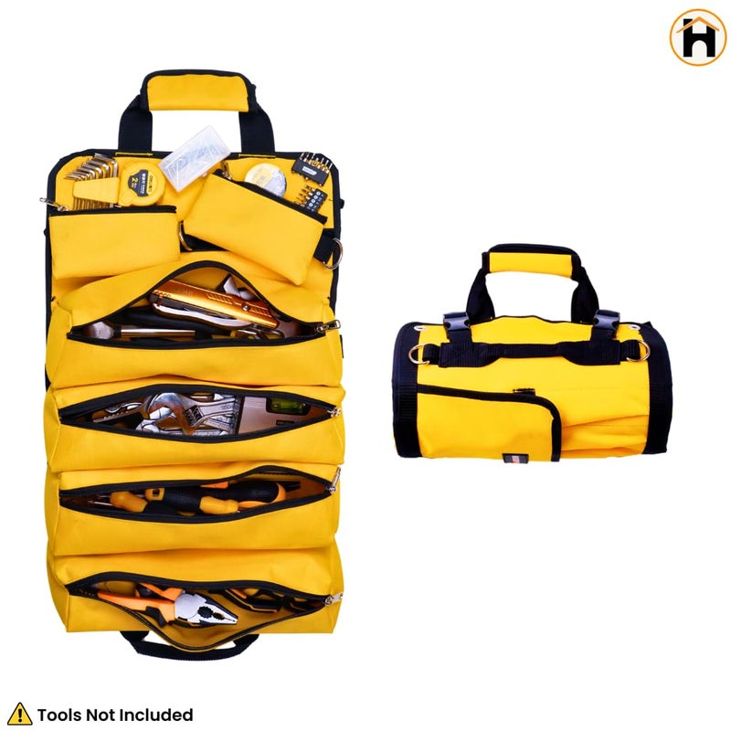Homdum Tool Bag Tools Storage Bag Portable Roll UpHeavy Duty Tool Organizer with 4 Zipper Pocket 2 Detachable Tool Pouch waterproof for Electrician Plumber Technician Nylon MatrialYellowBlack - Image 3