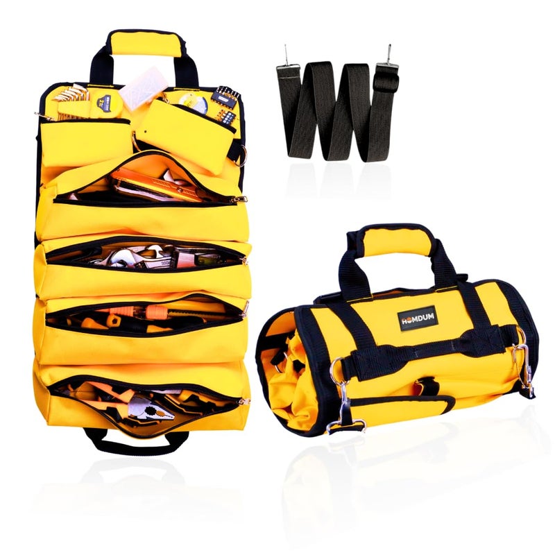 Homdum Tool Bag Tools Storage Bag Portable Roll UpHeavy Duty Tool Organizer with 4 Zipper Pocket 2 Detachable Tool Pouch waterproof for Electrician Plumber Technician Nylon MatrialYellowBlack - Image 1