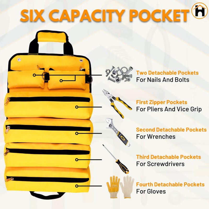 Homdum Tool Bag Tools Storage Bag Portable Roll UpHeavy Duty Tool Organizer with 4 Zipper Pocket 2 Detachable Tool Pouch waterproof for Electrician Plumber Technician Nylon MatrialYellowBlack - Image 5