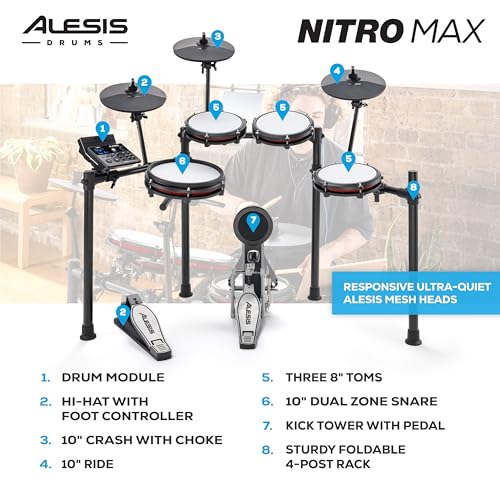 Alesis Nitro Max Kit Electric Drum Set with Quiet Mesh Pads, 10" Dual Zone Snare, Bluetooth, 440+ Authentic Sounds, Drumeo, USB MIDI, Kick Pedal - Image 4
