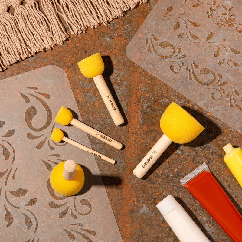 NAKLEO Foam Stencil Stippling Brush Set, 5 Pcs Round Sponges Stippler 0.4", 0.8", 1", 1.6", 2", Wooden Handle Paint Brushes DIY Arts and Crafts, Stenciling Decorating Tools Wax Chalk Acrylic - Image 3