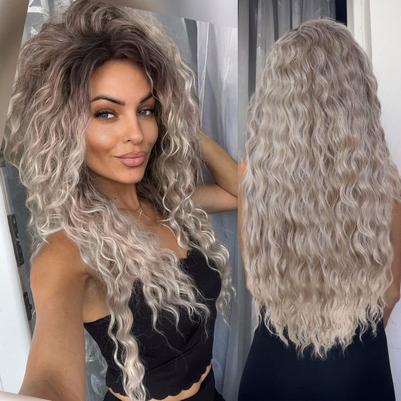 GNIMEGIL 26 Inch Long Wavy Wigs for Women Ombre Grey Wig Synthetic Natural Curly Wig Fluffy Part Hairstyle for Daily Party Halloween Costume Cosplay Wigs with Hairpin