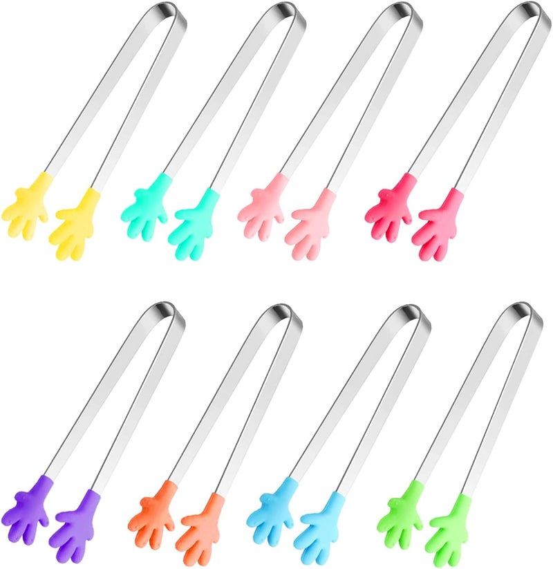 Sunenlyst 8PCS Silicone Mini Tongs, 5Inch Hand Shape Food Tongs, Colourful Small Kids Tongs for Serving Food, Ice Cube, fruits, Sugar, Barbecue by (Palm sharp) - Image 1