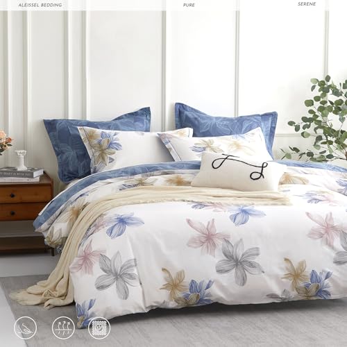 ALEISSEL Natural Cotton 3pcs Floral Comforter Sets King Size Grayish White Comfoter with Blush Tan Floral Print Aegean Blue Reverse Vintage Lightweight Bedding SetsKing 10490 - Image 3