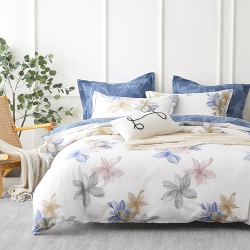 ALEISSEL Natural Cotton 3pcs Floral Comforter Sets King Size Grayish White Comfoter with Blush Tan Floral Print Aegean Blue Reverse Vintage Lightweight Bedding SetsKing 10490 - Image 1