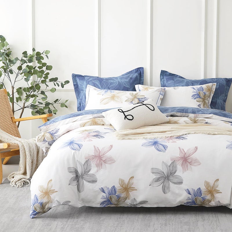 ALEISSEL Natural Cotton 3pcs Floral Comforter Sets King Size Grayish White Comfoter with Blush Tan Floral Print Aegean Blue Reverse Vintage Lightweight Bedding SetsKing 10490 - Image 2