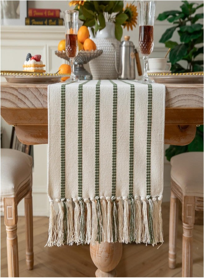 Caflife Boho Table Runner 72 Inchs Long Green and Beige, Cotton and Linen Woven with Tassels, for Modern Rustic Farmhouse Neutral Table Runners, Bohemian Kitchen Dining Table Home Decor - Image 1