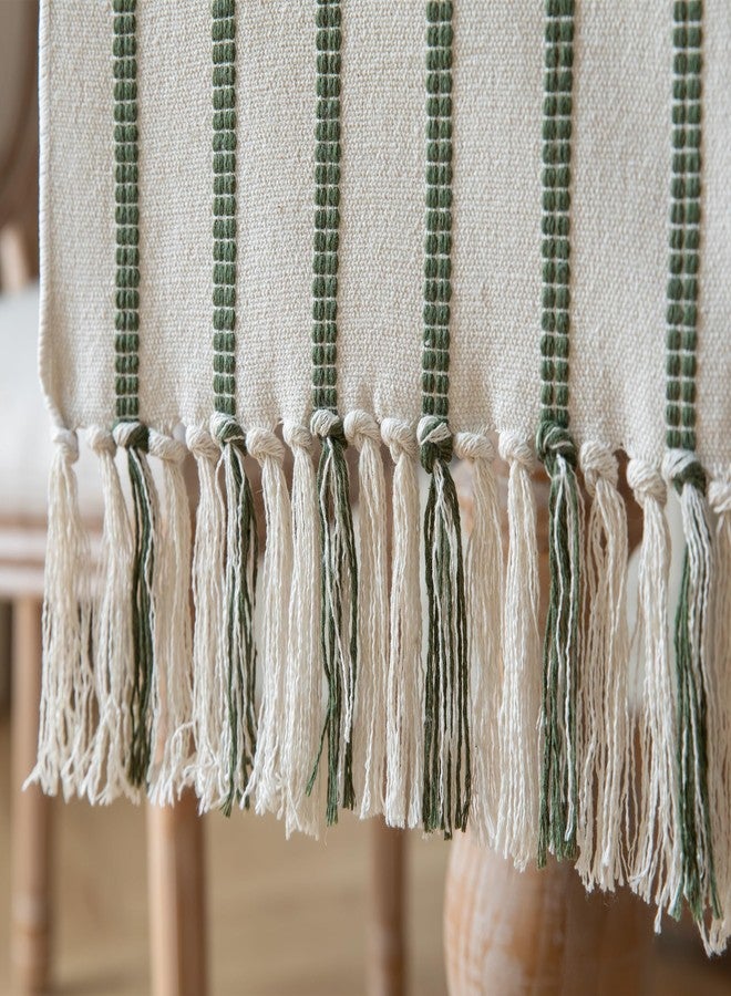 Caflife Boho Table Runner 72 Inchs Long Green and Beige, Cotton and Linen Woven with Tassels, for Modern Rustic Farmhouse Neutral Table Runners, Bohemian Kitchen Dining Table Home Decor - Image 5