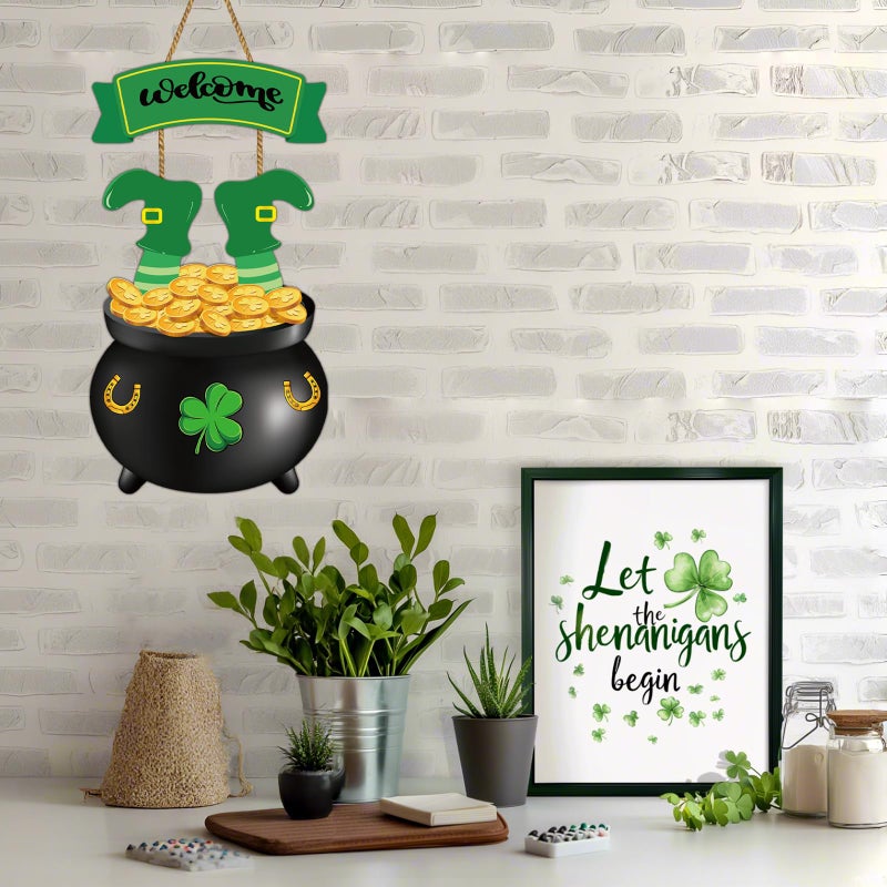 YUNKKIN St Patricks Day Decorations St Patricks Day Wreath Door Decorations Wooden Wreaths for Front Door Hanger Gold Coin Jar Leprechaun Feet Welcome Sign Hanging Decor for Porch Wall Indoor Home Decor - Image 4