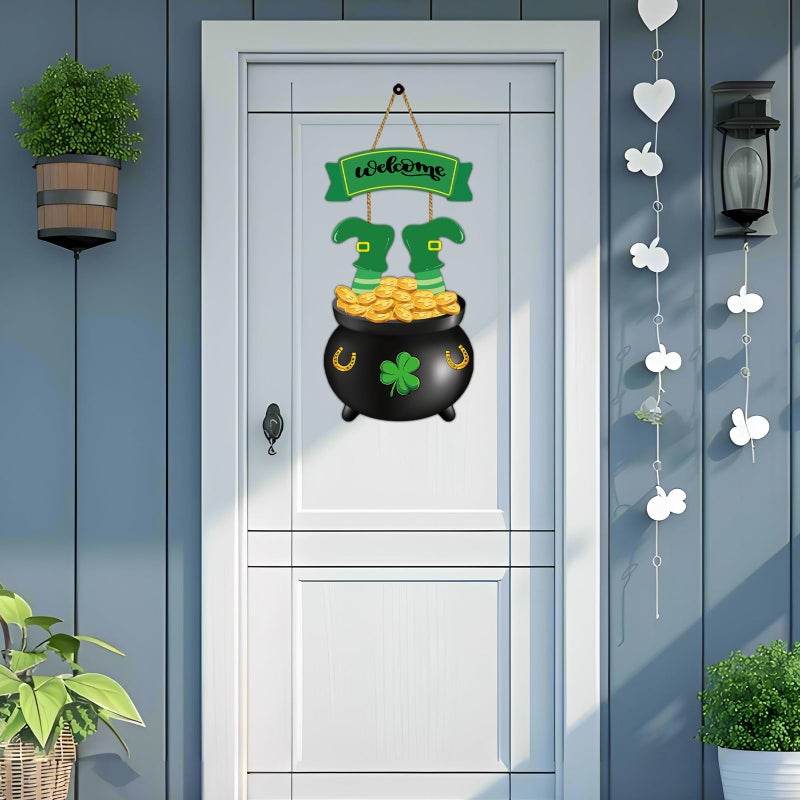 YUNKKIN St Patricks Day Decorations St Patricks Day Wreath Door Decorations Wooden Wreaths for Front Door Hanger Gold Coin Jar Leprechaun Feet Welcome Sign Hanging Decor for Porch Wall Indoor Home Decor - Image 3