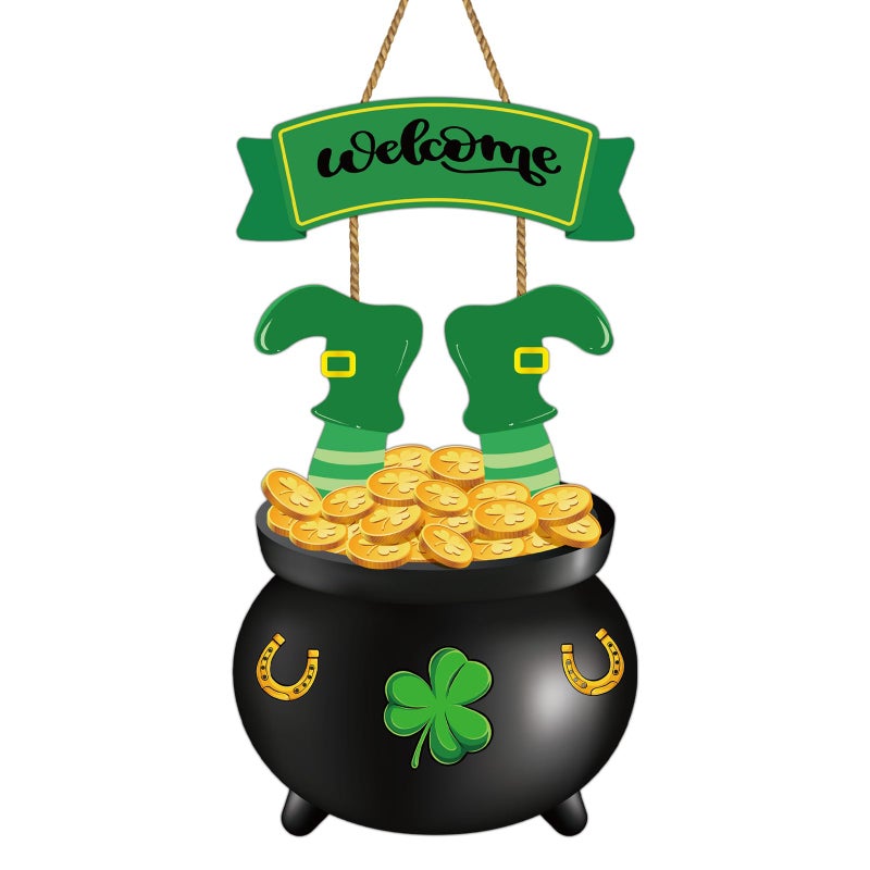 YUNKKIN St Patricks Day Decorations St Patricks Day Wreath Door Decorations Wooden Wreaths for Front Door Hanger Gold Coin Jar Leprechaun Feet Welcome Sign Hanging Decor for Porch Wall Indoor Home Decor - Image 1