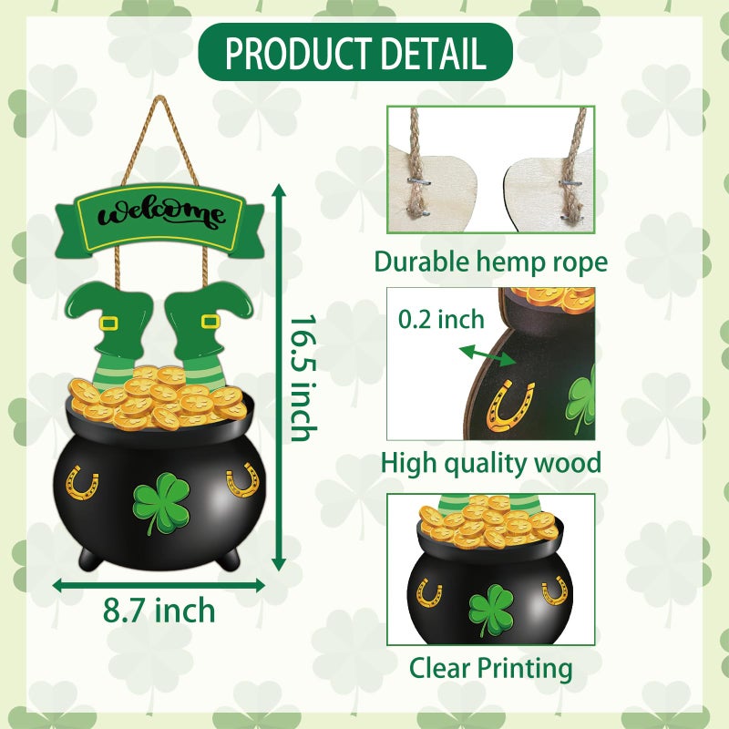 YUNKKIN St Patricks Day Decorations St Patricks Day Wreath Door Decorations Wooden Wreaths for Front Door Hanger Gold Coin Jar Leprechaun Feet Welcome Sign Hanging Decor for Porch Wall Indoor Home Decor - Image 2