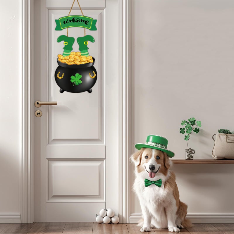 YUNKKIN St Patricks Day Decorations St Patricks Day Wreath Door Decorations Wooden Wreaths for Front Door Hanger Gold Coin Jar Leprechaun Feet Welcome Sign Hanging Decor for Porch Wall Indoor Home Decor - Image 5