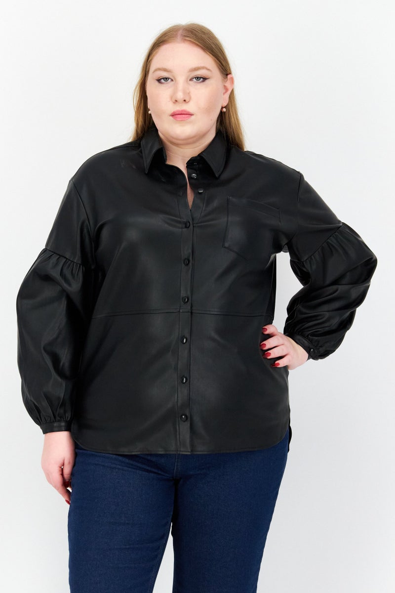 NA-KD Women Oversized Spread Neck Puff Sleeve Shirt, Black - Image 1