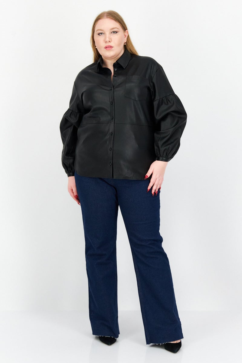 NA-KD Women Oversized Spread Neck Puff Sleeve Shirt, Black - Image 3