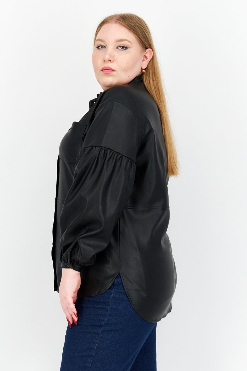 NA-KD Women Oversized Spread Neck Puff Sleeve Shirt, Black - Image 2