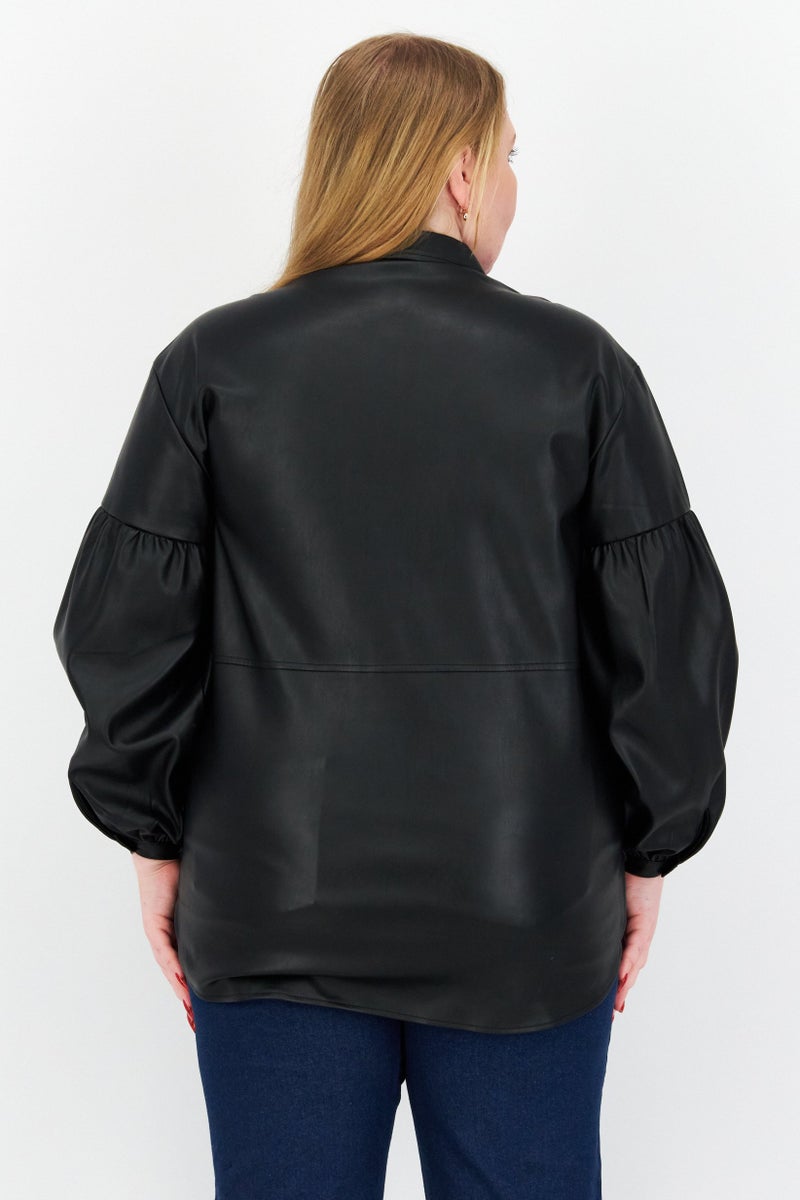 NA-KD Women Oversized Spread Neck Puff Sleeve Shirt, Black - Image 4