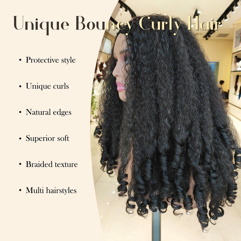 SOKU New Afro Curly V Part Wig Synthetic Braided Hair Texture with Unique Bouncy Curls in the End 20 Inch Soft Curly Full Hair V Part Wigs Synthetic for Black Women No Leave out Clip in Half Wig - Image 3