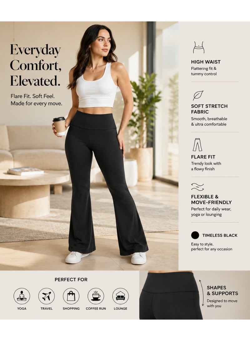 Soft Steps Women High Waist Flare Leggings Pants – Stretchy Casual Yoga Wide Leg Trousers – Black Size L - Image 3