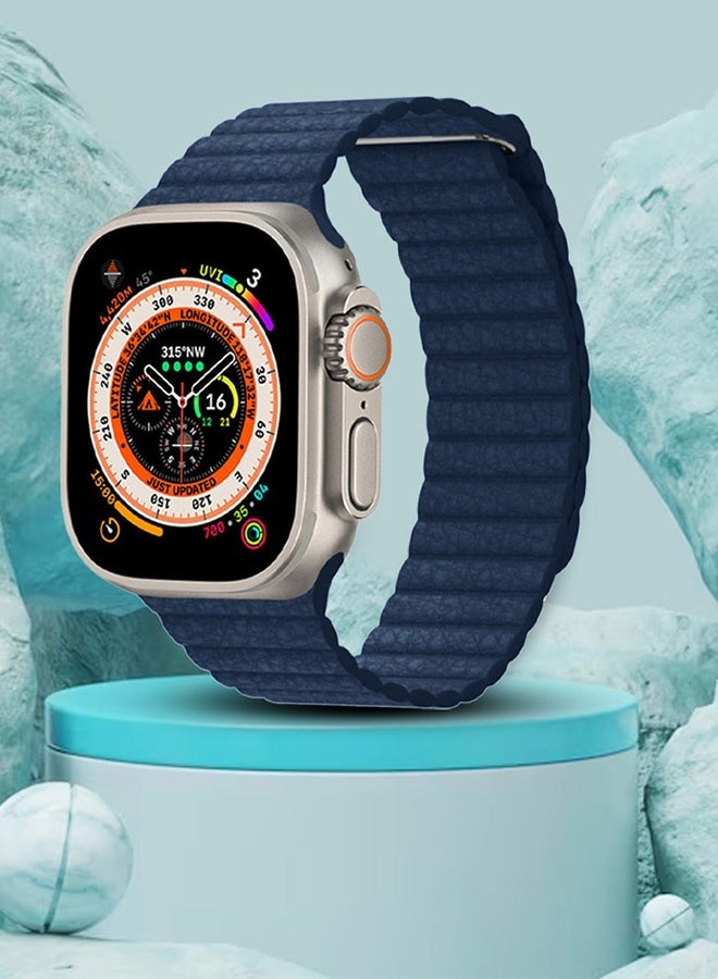 CATANES 49mm 46mm 45mm 44mm Leather Loop Band for Apple Watch Magnetic Watch Strap Wristband - Dark Blue - Image 4