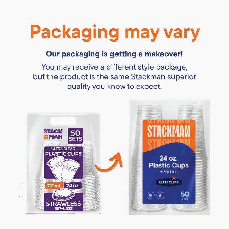 Stack Man 24 oz Clear Plastic Cups with Strawless Sip-Lids [50 Sets] PET Crystal Clear Disposable 16oz Plastic Cups with Lids - Crystal Clear  Durable Cup - BPA Free + Crack Resistant  for Coffee  Juice  Shakes - Image 5