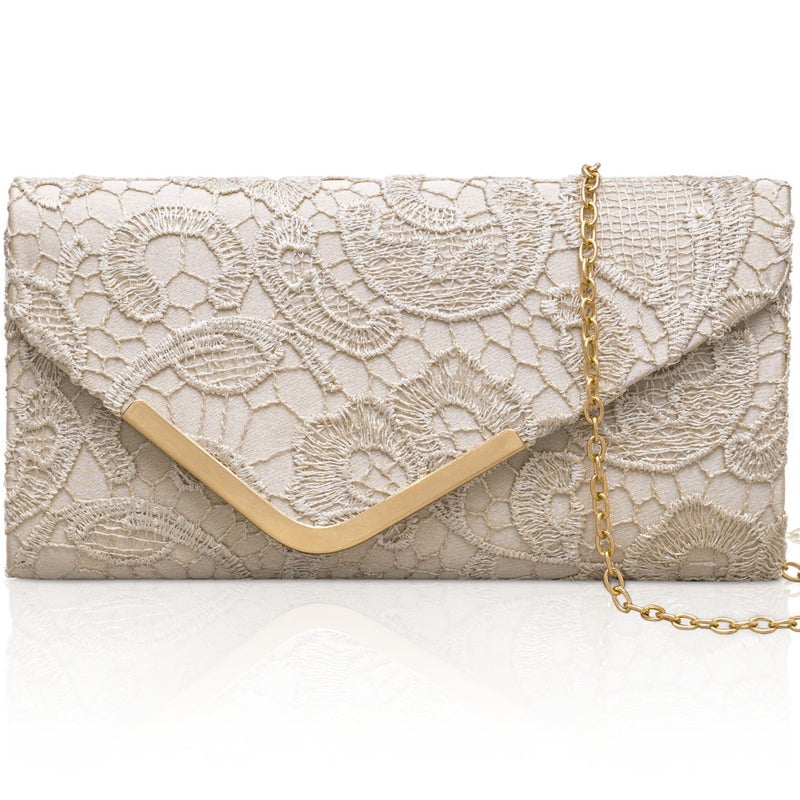 Larcenciel Elegant Floral Lace Clutch Purses for Women, Vintage Envelope Evening Bag & Chain Strap, Apricot Satin Lady Handbags, Formal Party Prom Purse Bride Wedding Guest Clutch Dress Carry on Bags - Image 1