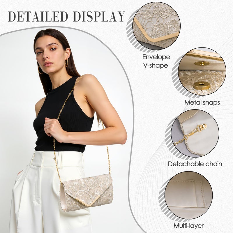Larcenciel Elegant Floral Lace Clutch Purses for Women, Vintage Envelope Evening Bag & Chain Strap, Apricot Satin Lady Handbags, Formal Party Prom Purse Bride Wedding Guest Clutch Dress Carry on Bags - Image 4