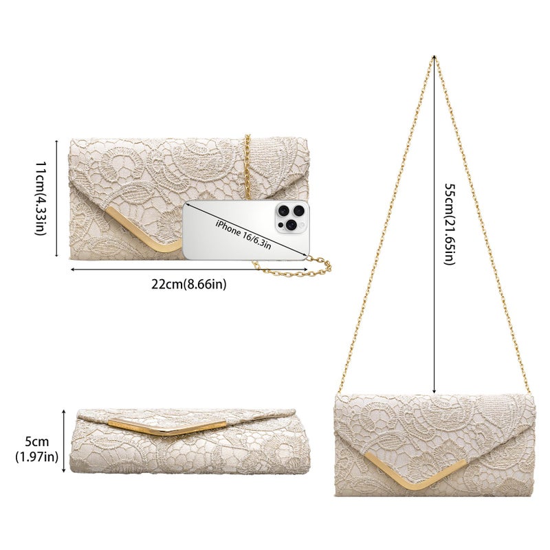 Larcenciel Elegant Floral Lace Clutch Purses for Women, Vintage Envelope Evening Bag & Chain Strap, Apricot Satin Lady Handbags, Formal Party Prom Purse Bride Wedding Guest Clutch Dress Carry on Bags - Image 3