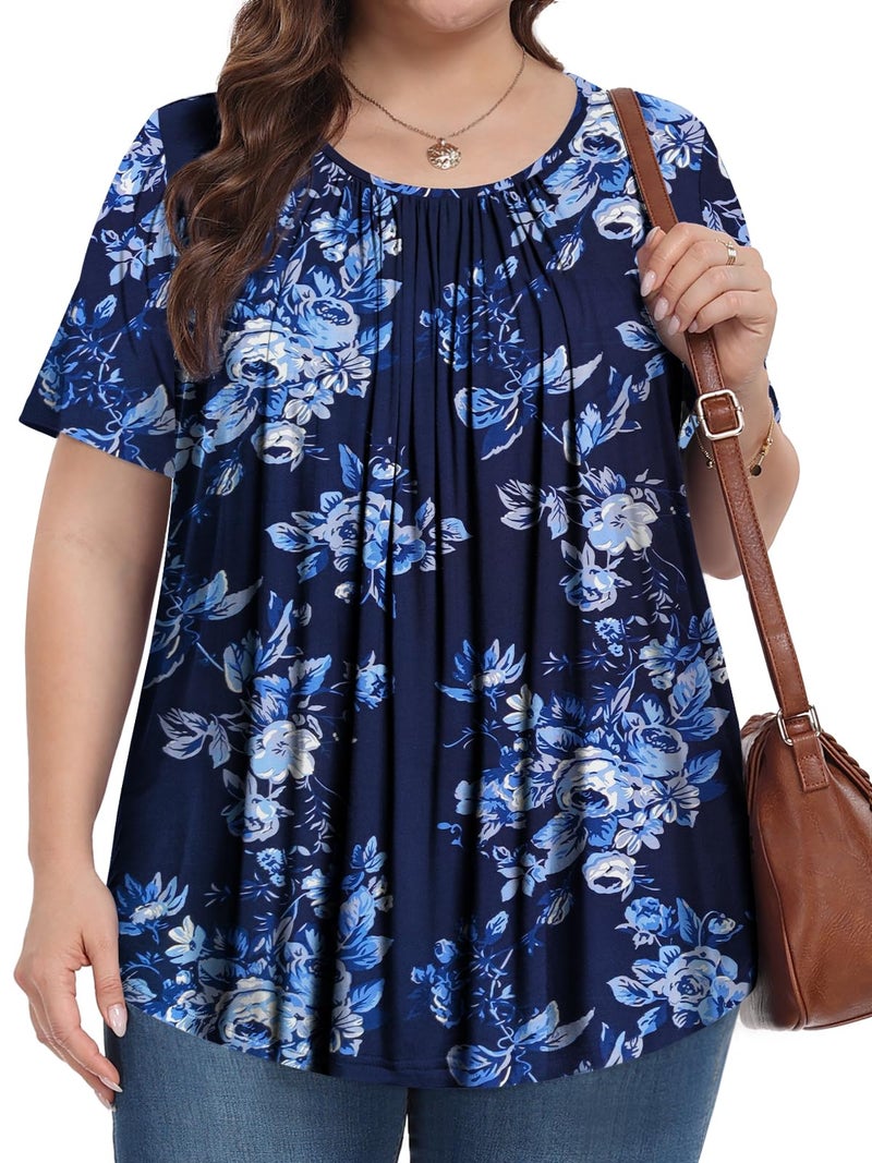 PEVRL Womens Plus Size Tops Summer Shirts Tunic Short Sleeve Crew Neck Loose Fit Blouse Blue White Flower 3X - Image 2