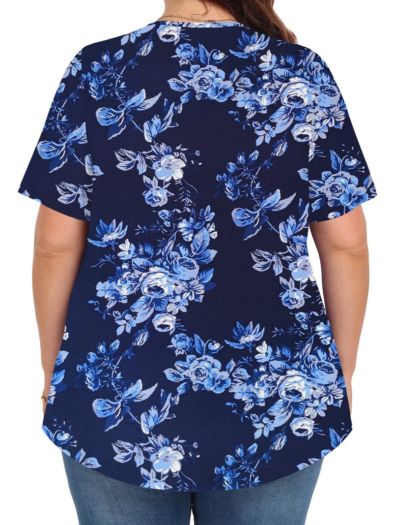 PEVRL Womens Plus Size Tops Summer Shirts Tunic Short Sleeve Crew Neck Loose Fit Blouse Blue White Flower 3X - Image 4