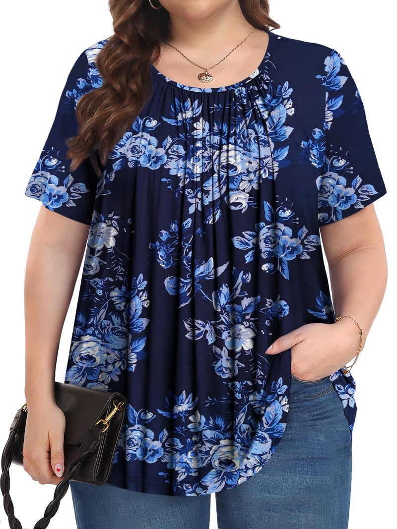 PEVRL Womens Plus Size Tops Summer Shirts Tunic Short Sleeve Crew Neck Loose Fit Blouse Blue White Flower 3X - Image 1