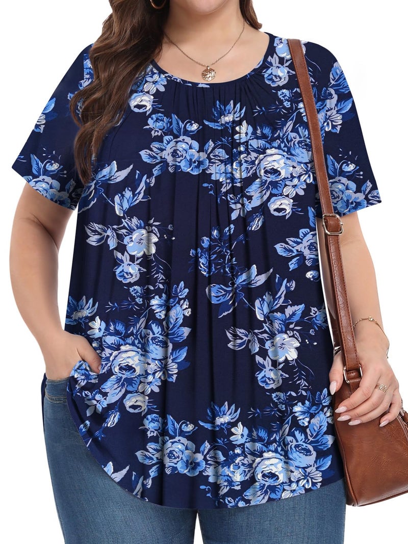 PEVRL Womens Plus Size Tops Summer Shirts Tunic Short Sleeve Crew Neck Loose Fit Blouse Blue White Flower 3X - Image 3