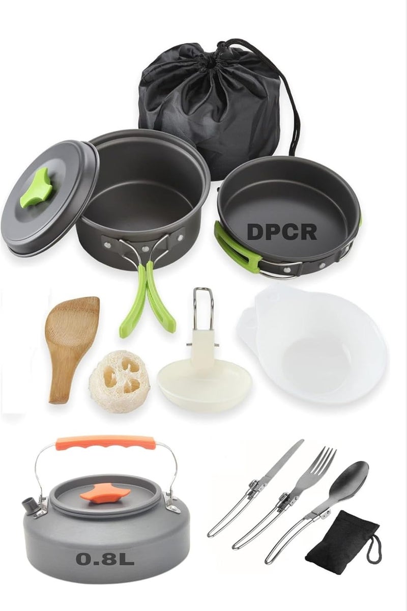 DPCR 12 Pcs Camping Cooking Set with Spoon Set with Portable Kettle 0.8L,Camping Accessories for Outdoor，Camping Utensils with Carry Bag(Cooking Set + Spoon Set + Portable Kettle) - Image 1