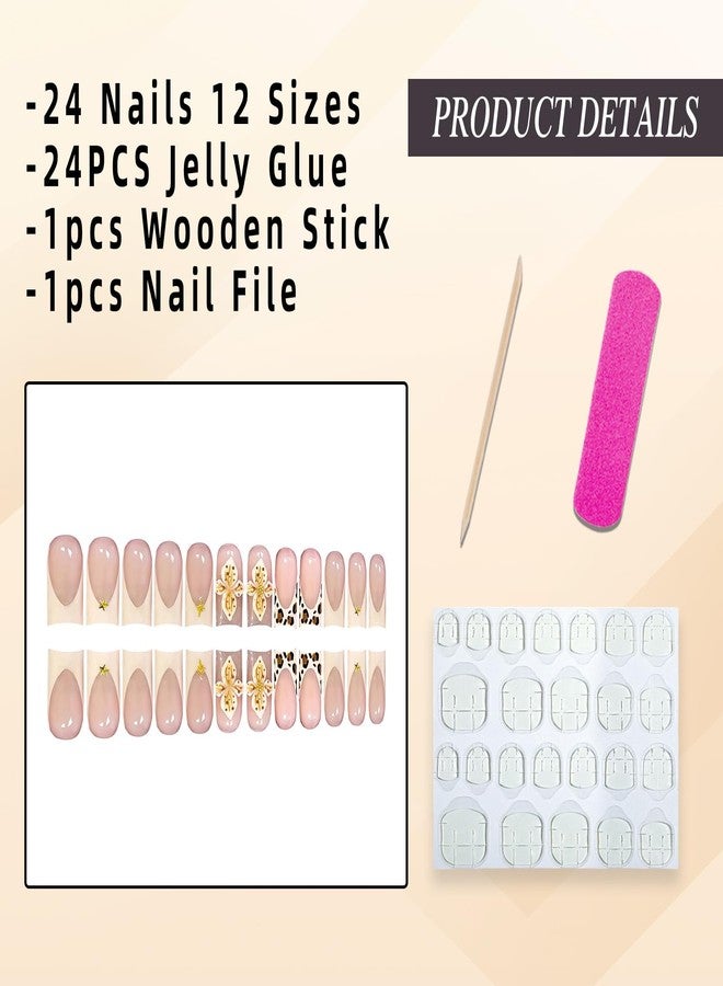 Jremg French Tip Press On Nails Medium Square Glossy Acrylic Nails 24Pcs with Gold Star Rhinestones Designs Leopard Print 3D Texture Flower Handmade Glue on Nails Reusable False Nails for Women - Image 5