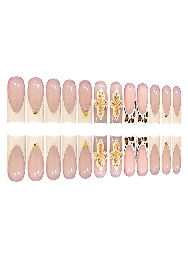Jremg French Tip Press On Nails Medium Square Glossy Acrylic Nails 24Pcs with Gold Star Rhinestones Designs Leopard Print 3D Texture Flower Handmade Glue on Nails Reusable False Nails for Women - Image 4