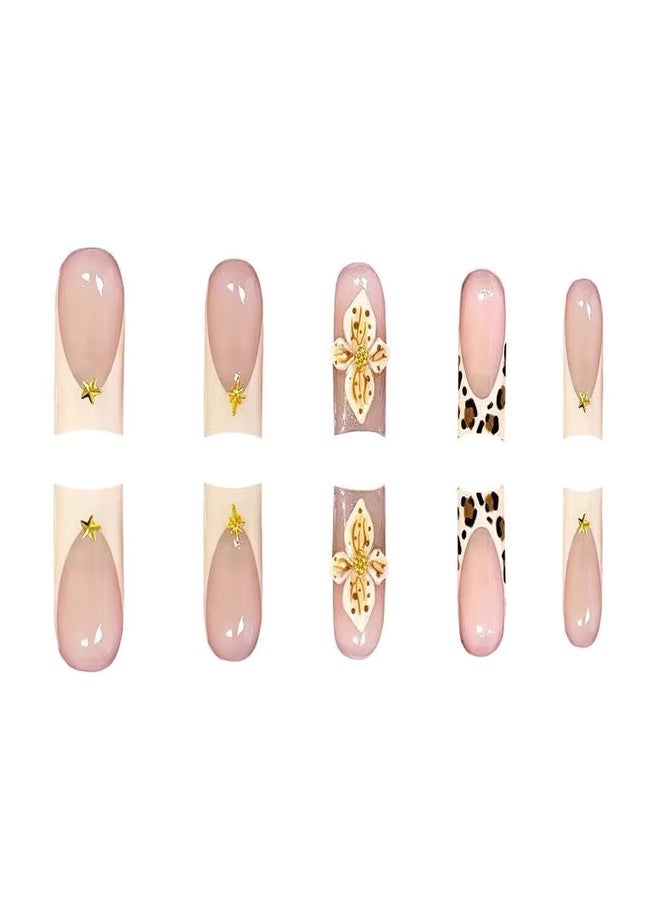 Jremg French Tip Press On Nails Medium Square Glossy Acrylic Nails 24Pcs with Gold Star Rhinestones Designs Leopard Print 3D Texture Flower Handmade Glue on Nails Reusable False Nails for Women - Image 3