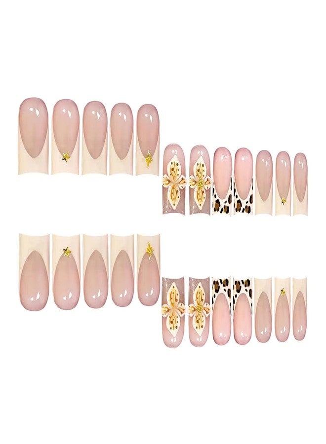 Jremg French Tip Press On Nails Medium Square Glossy Acrylic Nails 24Pcs with Gold Star Rhinestones Designs Leopard Print 3D Texture Flower Handmade Glue on Nails Reusable False Nails for Women - Image 2