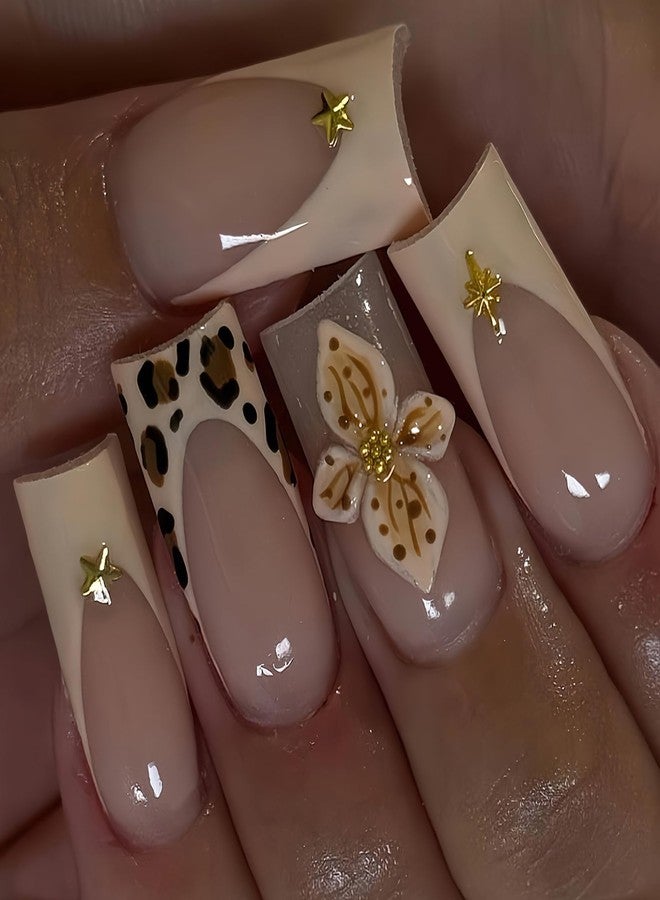 Jremg French Tip Press On Nails Medium Square Glossy Acrylic Nails 24Pcs with Gold Star Rhinestones Designs Leopard Print 3D Texture Flower Handmade Glue on Nails Reusable False Nails for Women - Image 1
