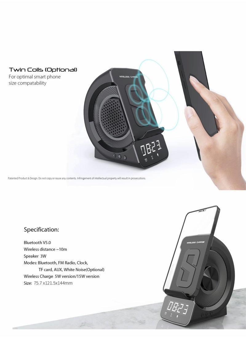 SYOSI - Bluetooth Speaker with Wireless Charger Stand Alarm Clock FM Radio HiFi Sound Quality Stereo Sound Wireless and Wired Charging Simultaneously for iPhone and Android Phone - Image 1